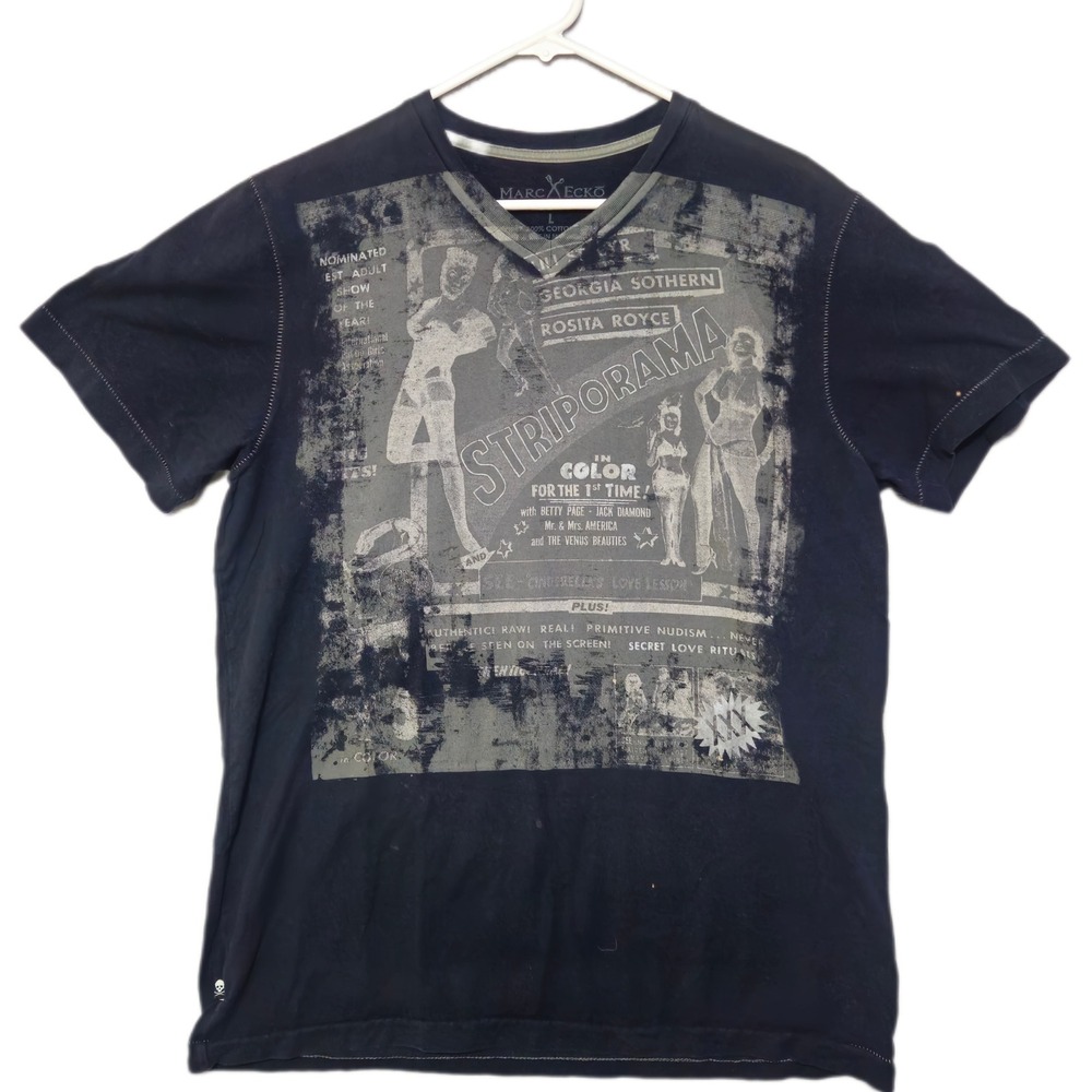 Marc Ecko T-Shirt Mens Large Black Striporama Pinup Graphic V-Neck Streetwear